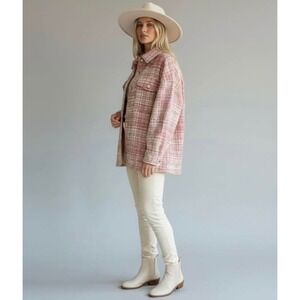 Forever 21 Pink Plaid Pearl Button Shacket Shirt Jacket Oversized Small‎